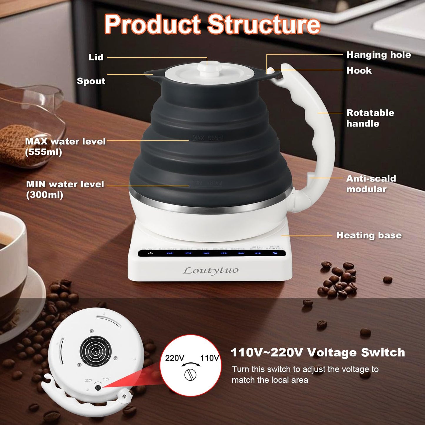 Ultrathin Food Grade Silicone Travel Foldable Electric Kettle Variable Temperature Control with Dual Voltage, Auto Shutoff & Boil Dry Protection & Keep Warm, 555ML 110-220V US Plug (Black)