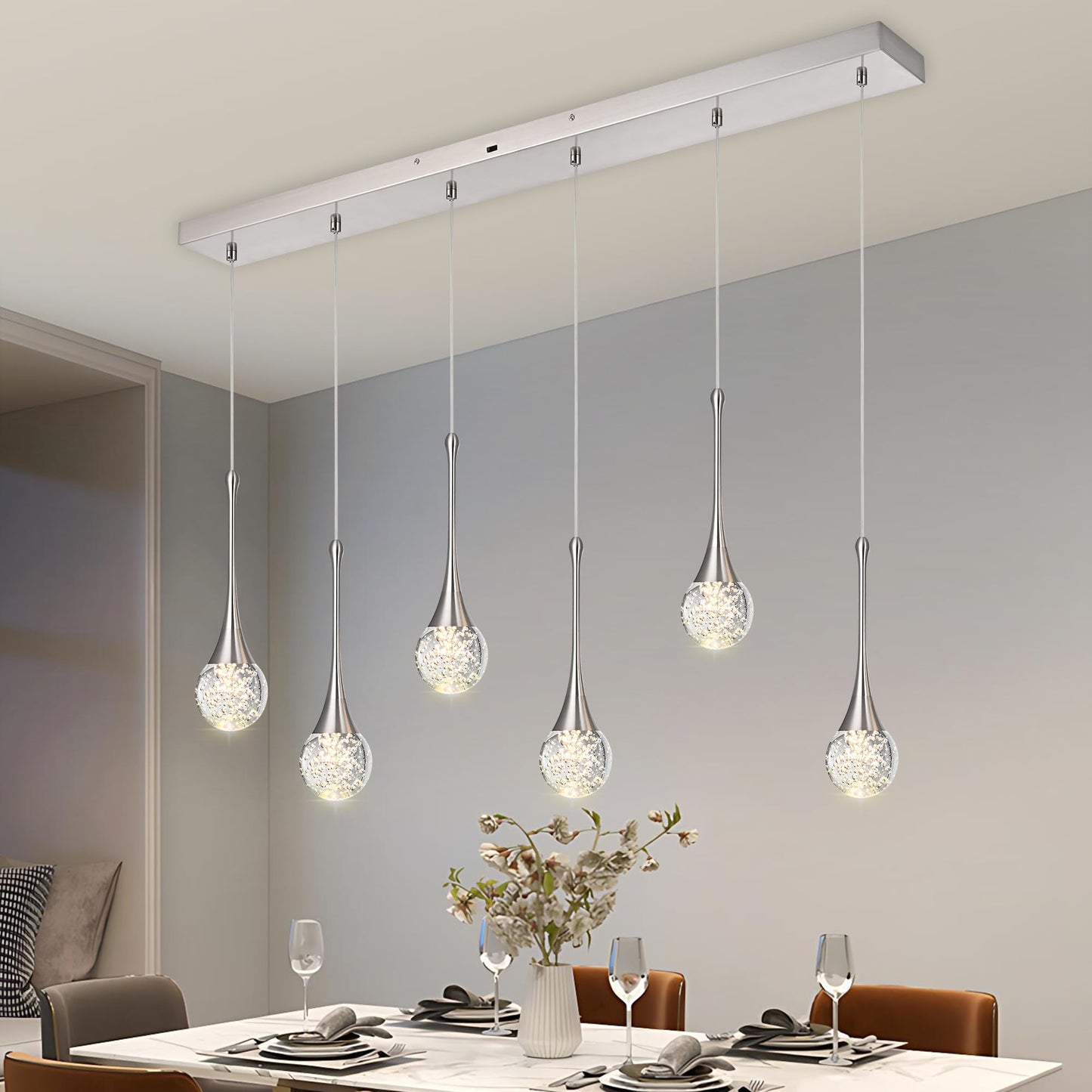 VINLUZ 6-Light Rectangle Brushed Nickel Crystal Chandelier, Dimmable LED Bubble Raindrop Modern Pendant Lighting Fixture, Luxury Elegant Adjustable Spiral Ceiling Light for Entryway Living Room Island