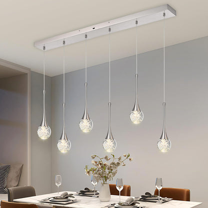 VINLUZ 6-Light Rectangle Brushed Nickel Crystal Chandelier, Dimmable LED Bubble Raindrop Modern Pendant Lighting Fixture, Luxury Elegant Adjustable Spiral Ceiling Light for Entryway Living Room Island