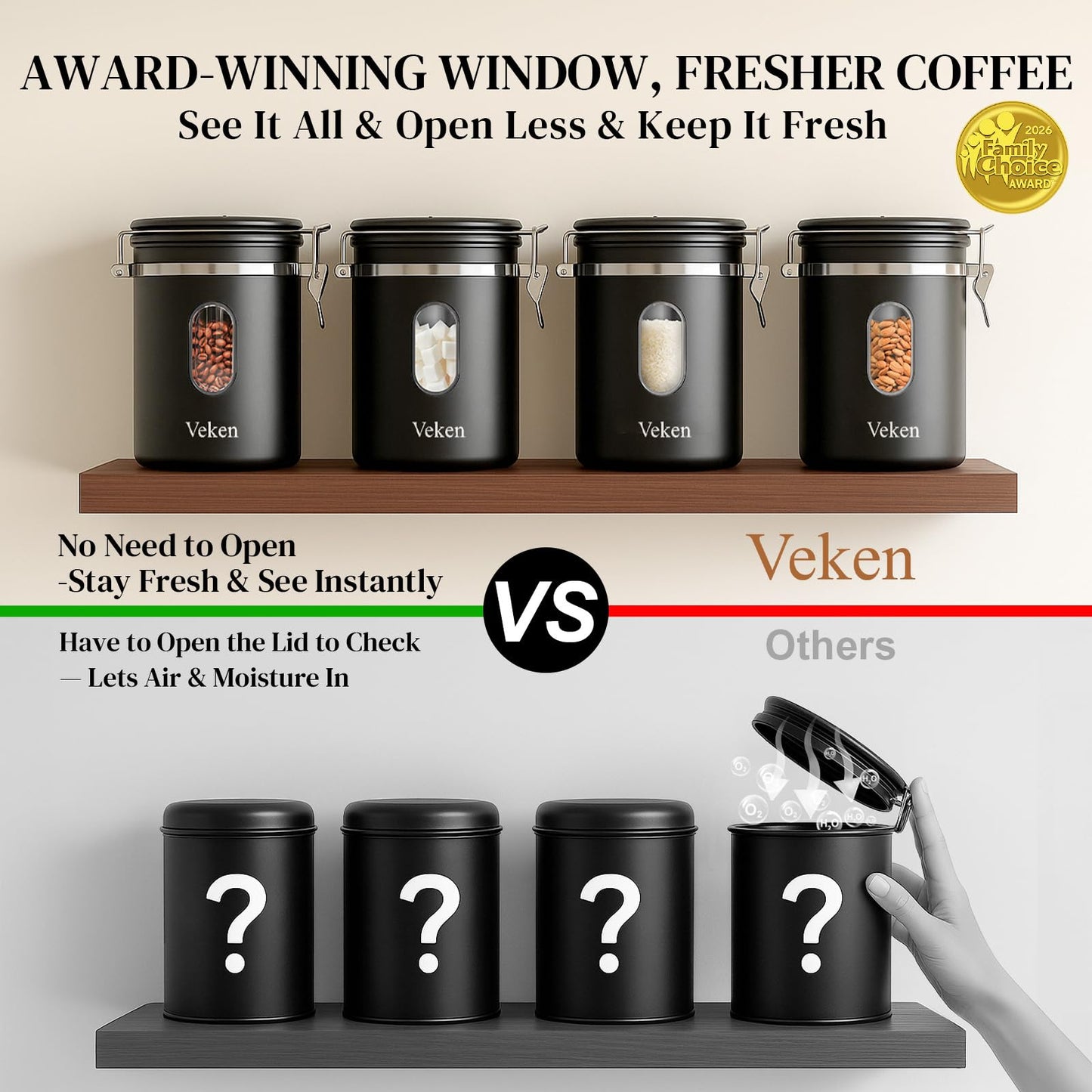 Veken Large Coffee Canister with Window, Kitchen Food Storage Airtight Stainless Steel Container for 2.2lbs Coffee Beans, Grounds, Rice,Tea, Flour, Cereal, Sugar Jars,Date Tracker and Scoop 39oz,Black