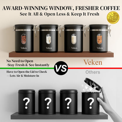 Veken Large Coffee Canister with Window, Kitchen Food Storage Airtight Stainless Steel Container for 2.2lbs Coffee Beans, Grounds, Rice,Tea, Flour, Cereal, Sugar Jars,Date Tracker and Scoop 39oz,Black