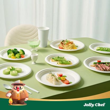 JOLLY CHEF Compostable Heavy Duty Plates 𝟭𝟬 𝗜𝗻𝗰𝗵 [𝟭𝟮𝟱 𝗣𝗮𝗰𝗸] Eco-Friendly Disposable White Paper Plates Made of Bagasse Biodegradable for Party Dinner Sugarcane Fibers Thanksgiving Day
