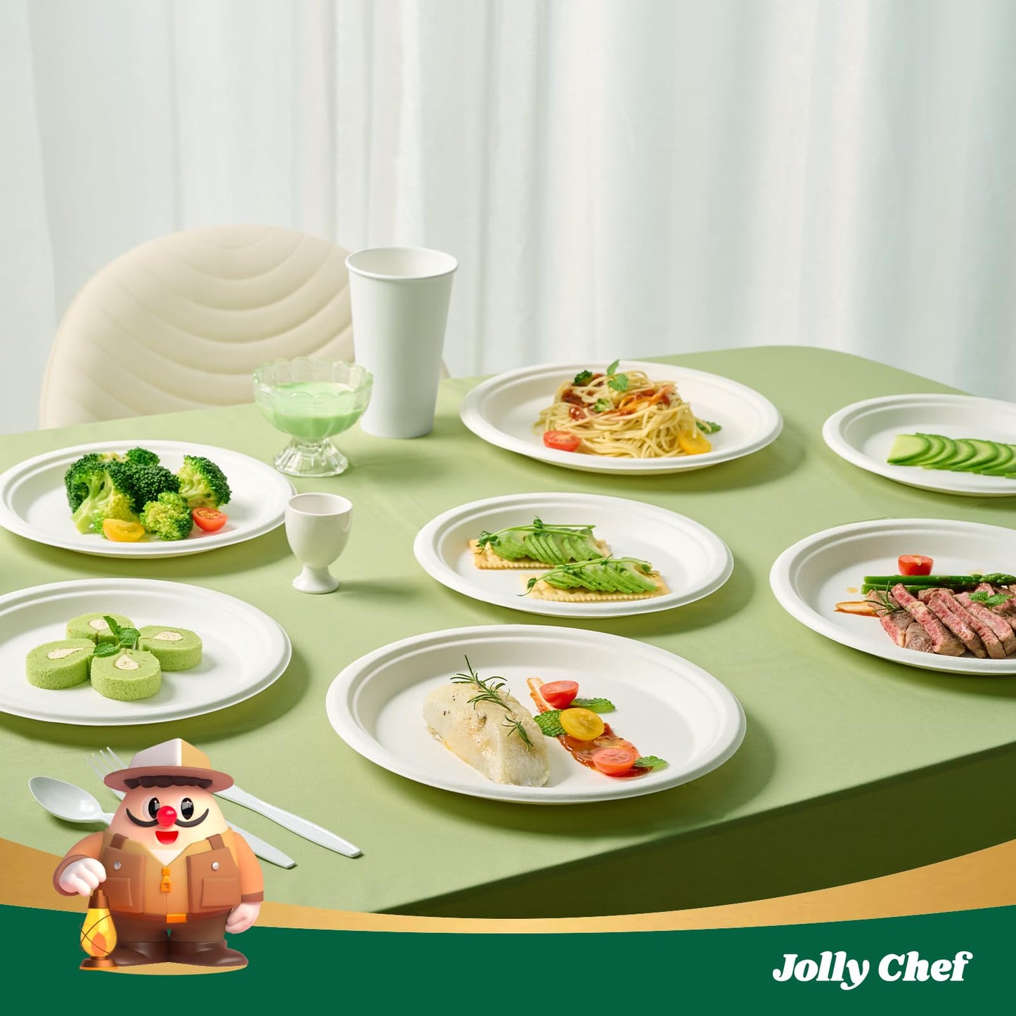 JOLLY CHEF Compostable Heavy Duty Plates 𝟭𝟬 𝗜𝗻𝗰𝗵 [𝟭𝟮𝟱 𝗣𝗮𝗰𝗸] Eco-Friendly Disposable White Paper Plates Made of Bagasse Biodegradable for Party Dinner Sugarcane Fibers Thanksgiving Day
