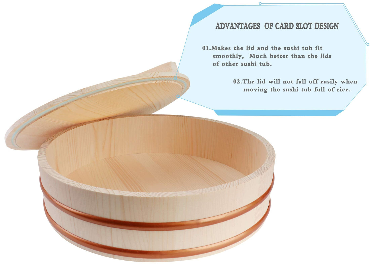 Kichgather Wooden Sushi Rice Bowl with Lid Hangiri Sushi Oke Sushi Rice Mixing Tub (13 “ with lid)