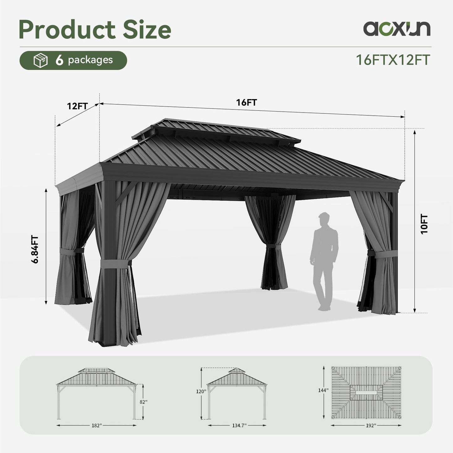 Aoxun 12' X 16' Hardtop Gazebo with Drainage System, Aluminum Outdoor Gazebo with Galvanized Steel Double Roof, Patio Permanent Metal Pavilion with Netting, for Garden, Deckyard, Grey
