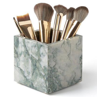 Real Luxurious Natural Marble Toothbrush Holder & Makeup Brush Organizer & Pen Holder for Desk,3.93inch Square Marble Utensil Holder Non-Ceramic/Non-Resin （Cyan Green）