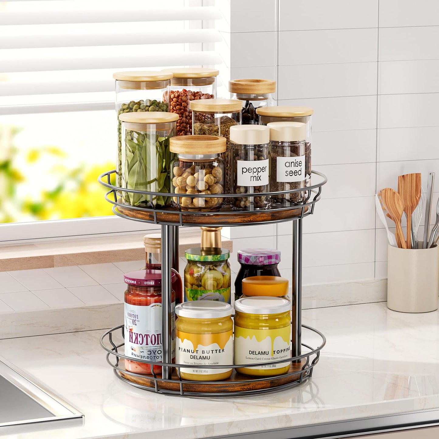 LAMU 10'' Lazy Susan Turntable Organizer, 2 Tier Round Rotating Spice Rack Organization for Kitchen Cabinet and Countertop, Wooden Lazy Susan for Table Top, Pantry, Bathroom, Vanity, Home Decor