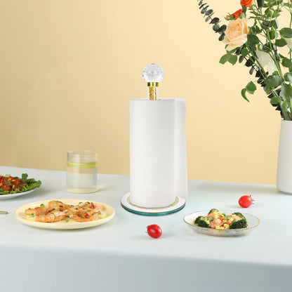 Paper Towel Holder Stand,Gold Countertop Paper Towel Roll Dispenser Holders with Round Base, Tissue Countert Filled with Crystal Sparkly Crushed Diamonds House Decor for Kitchen Bathroom，Heavy Weight