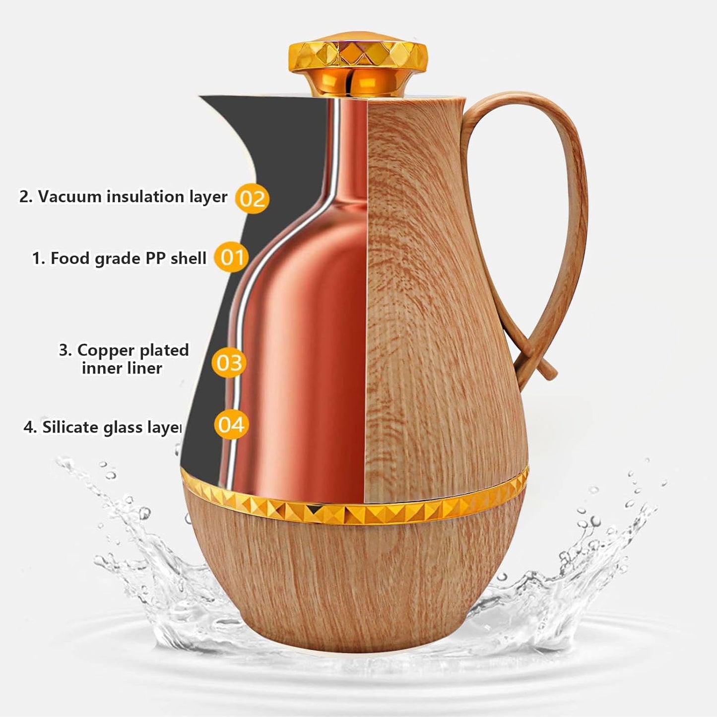 Insulated Thermal Coffee Carafe, 33 oz, Arabic-Style Thermos Flask, Coffee Tea Pot for Hot Cold Water, Wood Color
