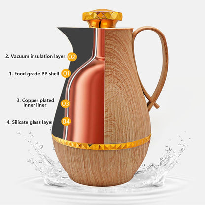 Insulated Thermal Coffee Carafe, 33 oz, Arabic-Style Thermos Flask, Coffee Tea Pot for Hot Cold Water, Wood Color