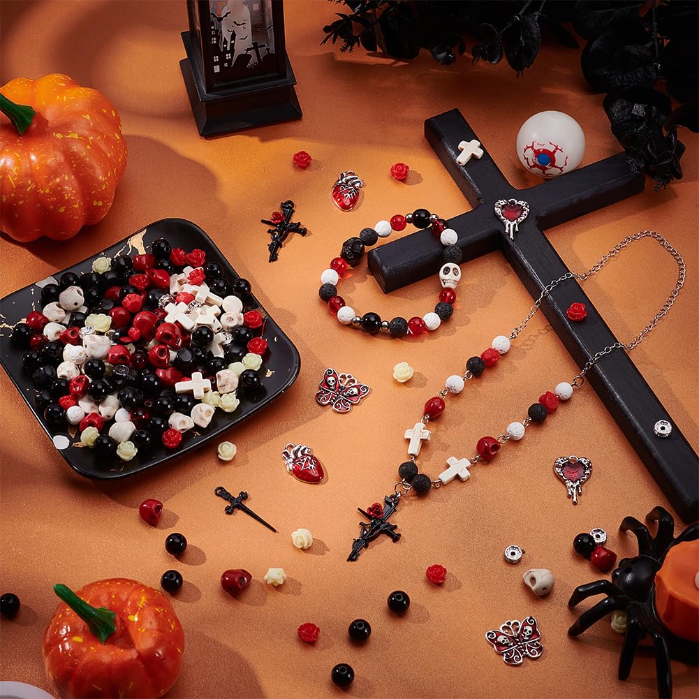 SUNNYCLUE 263Pcs Skull Beads Skeleton Beads Natural Lava Rock Cross Charms Black Red White Halloween Gothic Rose Flower Spacers for Jewelry Making Bracelets Necklaces DIY Crafts Gift Holiday Women