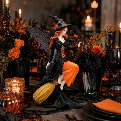 Comfy Hour 8" Gothic Fairy Witch Figurine on Broom, Fantasy Sorceress Statue with Mystical Wings, Spooky Halloween Indoor Decor Accent, Polyresin Artisan Crafted Sculpture, 1 Unit