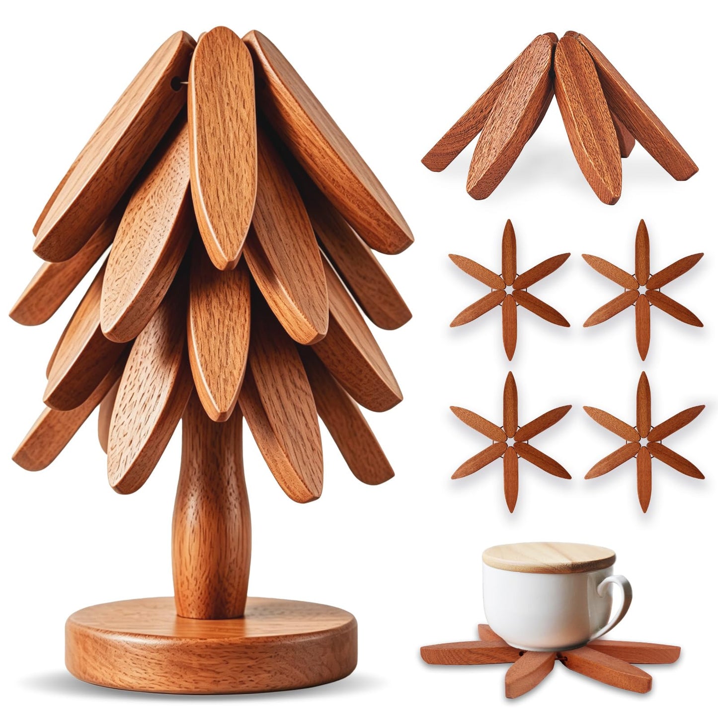 Smartwikiit Wooden Tree Trivet Set - 4 Heat-Resistant Sapele Wood Trivets with Stand for Hot Pots and Pans, Kitchen Countertop Protection, Christmas Tree Design Wooden Pot Holders