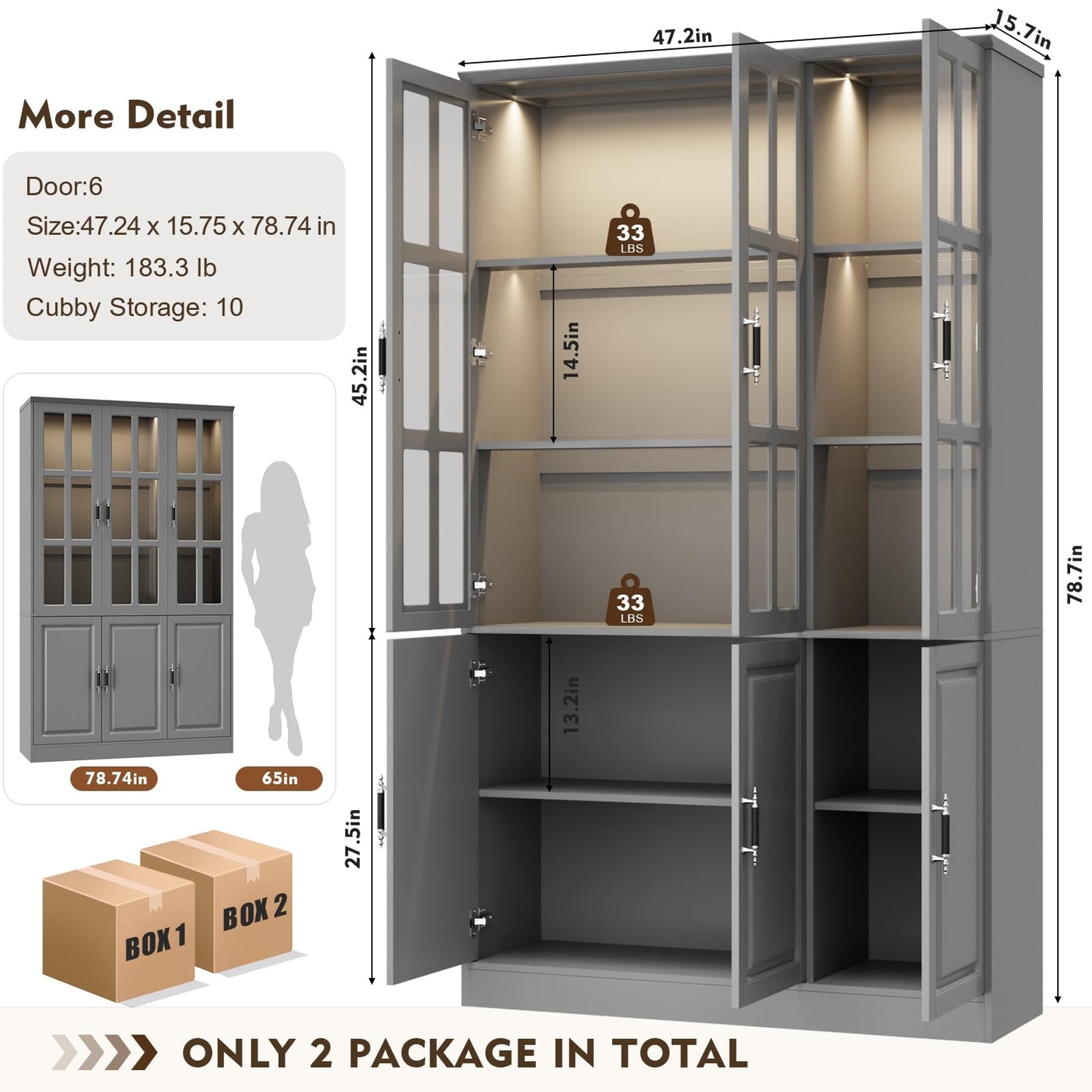 MEISSALIVVE 78.7" Tall Pantry Cabinet with LED Lights, Freestanding Kitchen Pantry with Glass Doors, Large Food Storage Cabinet, Grey (47.2" W x 15.7" D)