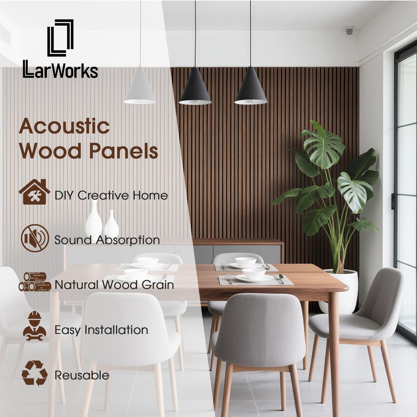 LARWORKS Wood Slat Wall Panels 2 Pack 106" x 23.6", Acoustic Wooden Panel for Wall, Soundproof 3D Fluted Panels for Interior Wall Decor, Living Room, Bedroom - Walnut (Cover Approx.35 sq.ft)