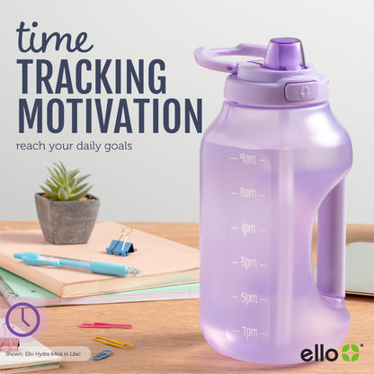Ello Hydra 64oz Half Gallon Water Jug with Handle and Motivational Time Markers for All Day Hydration, Plastic Reusable Water Bottle with Straw and Locking, Leak Proof Lid, BPA Free, Halogen Blue
