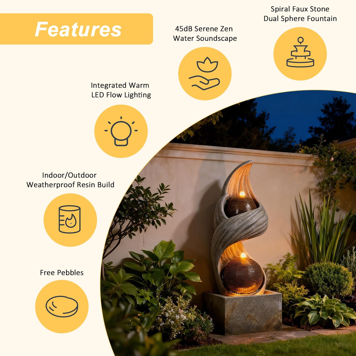 42.9"H Large Indoor Water Fountains,Modern Spiral Water Fountain Outdoor with Dual Spheres Zen Water Feature Floor Fountain with Light LED Waterfall for Outside Deck, Patio, Porch, Garden, Yard Decor