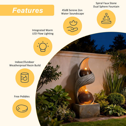 42.9"H Large Indoor Water Fountains,Modern Spiral Water Fountain Outdoor with Dual Spheres Zen Water Feature Floor Fountain with Light LED Waterfall for Outside Deck, Patio, Porch, Garden, Yard Decor