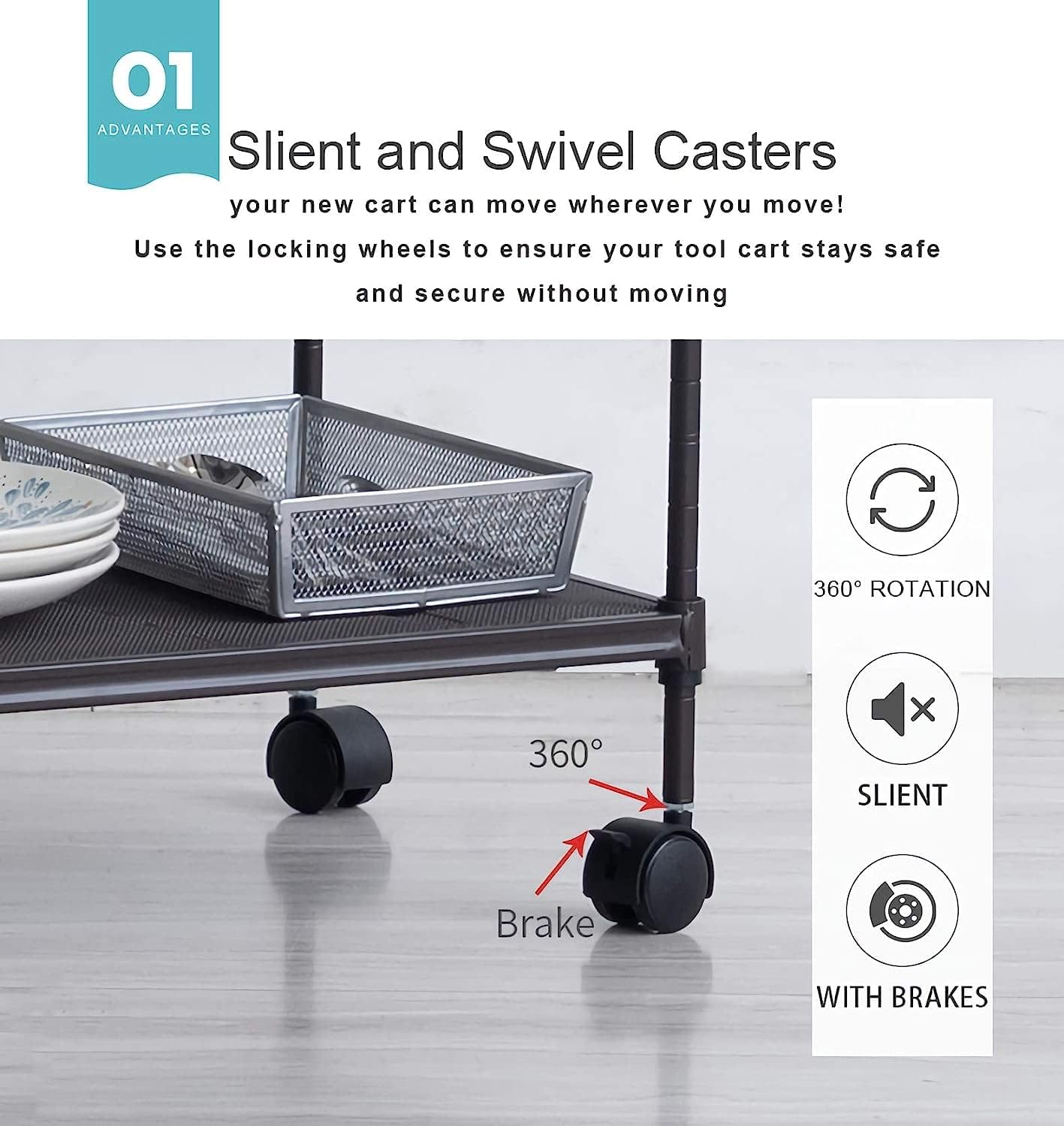 OVICAR 3-Tier Wire Storage Shelves, Adjustable Shelving Units with Wheels for Kitchen Pantry, Bathroom, Garage