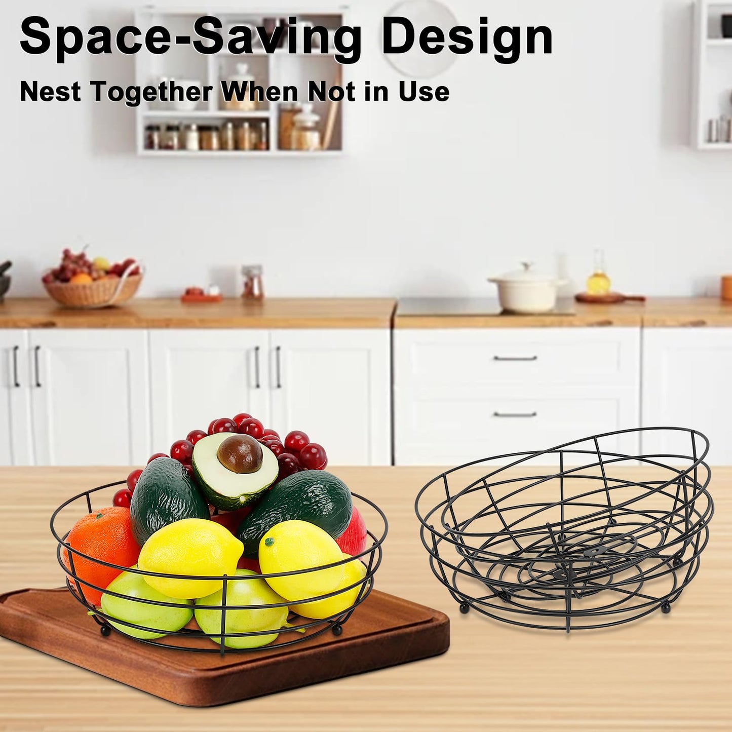 Livabber Wire Fruit Bowl, Metal Fruit Basket For Kitchen Counter, Large Capacity Storage Holder Tabletop Organizer For Vegetables Breads Snacks (Black, 3 Pack)