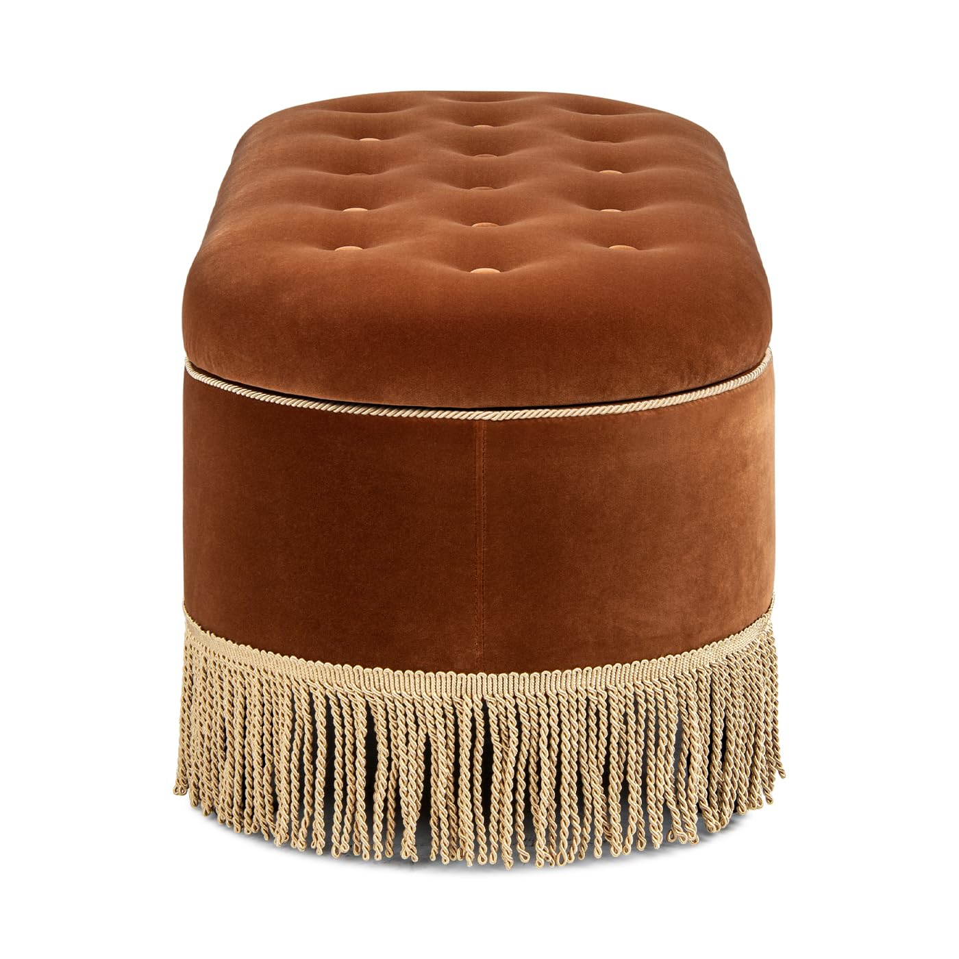 Jennifer Taylor Home 48.5" Oval Tufted Bullion Fringe Storage Bench, Burnt Orange Performance Velvet