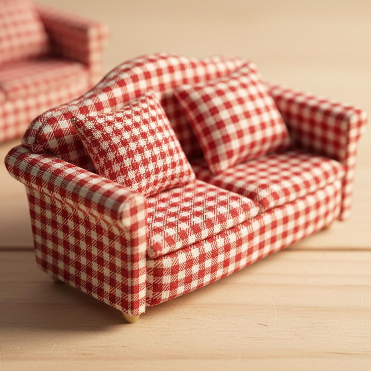 Dollhouse Couch Miniature Sofa with Pillows Dollhouse Living Room Funiture 1:12 Scale Model 3 Pcs High Simulation Upholstered Wooden Fabric Armchair Mini Room Artificial House Scene Decoration (Plaid)