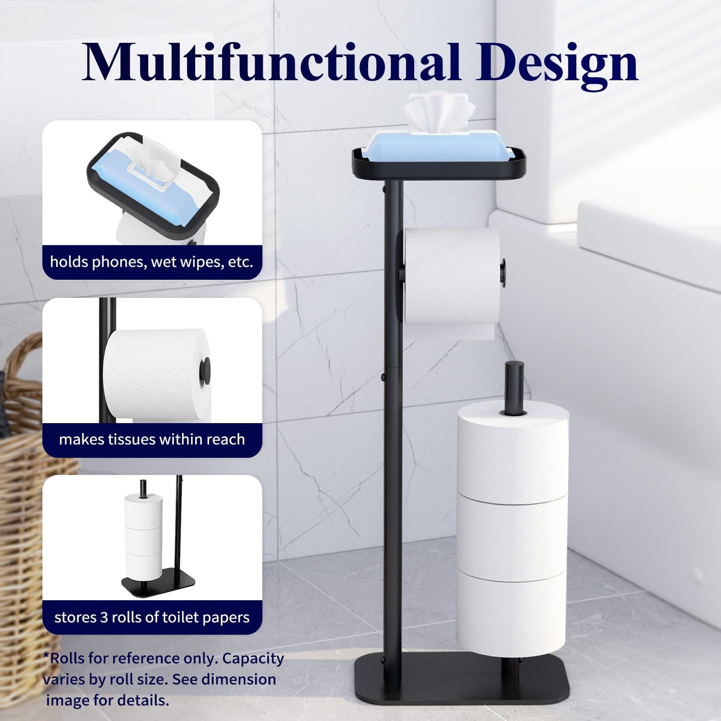 Kitsure Toilet Paper Holder Free Standing – Rustproof Metal Toilet Paper Stand for 4 Rolls with Anti-Slip Base and Shelf for Phone & Small Items, Bathroom Organizers and Storage, Medium, Black