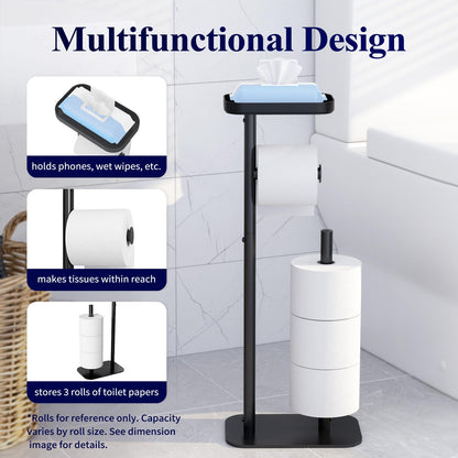 Kitsure Toilet Paper Holder Free Standing – Rustproof Metal Toilet Paper Stand for 4 Rolls with Anti-Slip Base and Shelf for Phone & Small Items, Bathroom Organizers and Storage, Medium, Black