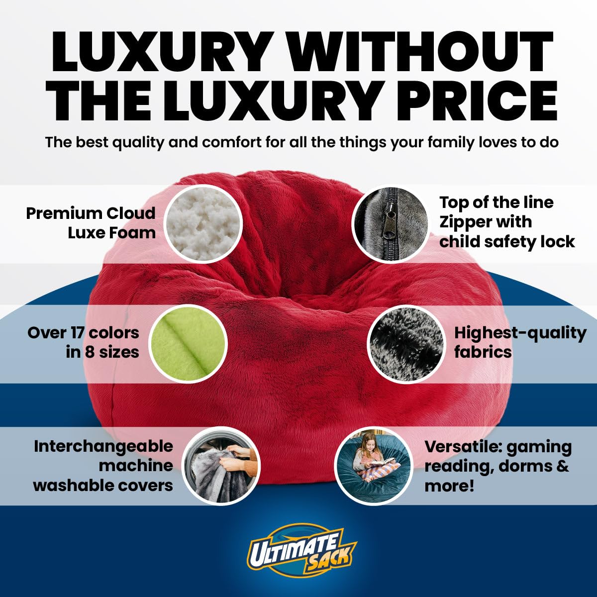 Ultimate Sack 5000 5-Foot Bean Bag Chair, Navy Fur Cover – Oversized Foam Lounger, Floor Seat, Small Sofa, or Couch Bed for Living Area, Gaming Room, or Reading Lounge