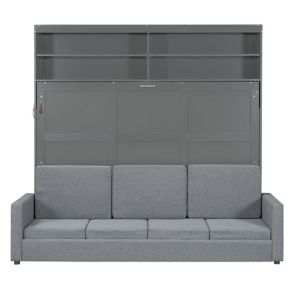Merax Queen Size Murphy Cabinet Bed with Sofa, Wood Folding Murphy Bed with Open Shelves, Space-Saving Wall Bed for Guest Room and Home Office
