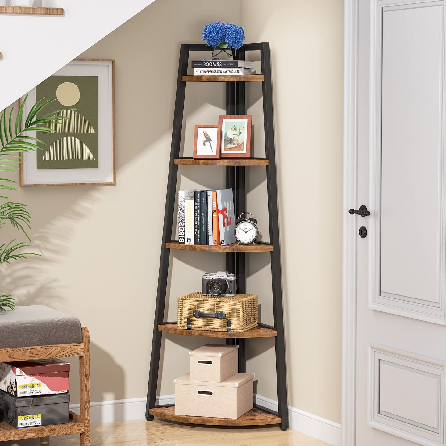 LITTLE TREE 5 Tier Tall Corner Shelf 70 Inch Corner Bookshelf Bookcase for Small Space