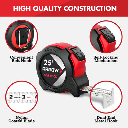 Arrow 25FT Auto-Lock Tape Measure, Easy Read Measuring Tape with Fractions 1/8″, Double Sided Measurement Tape with 1″ Blade, Belt Clip, Dual-End Metal Hook, and Rubber Protective Casing