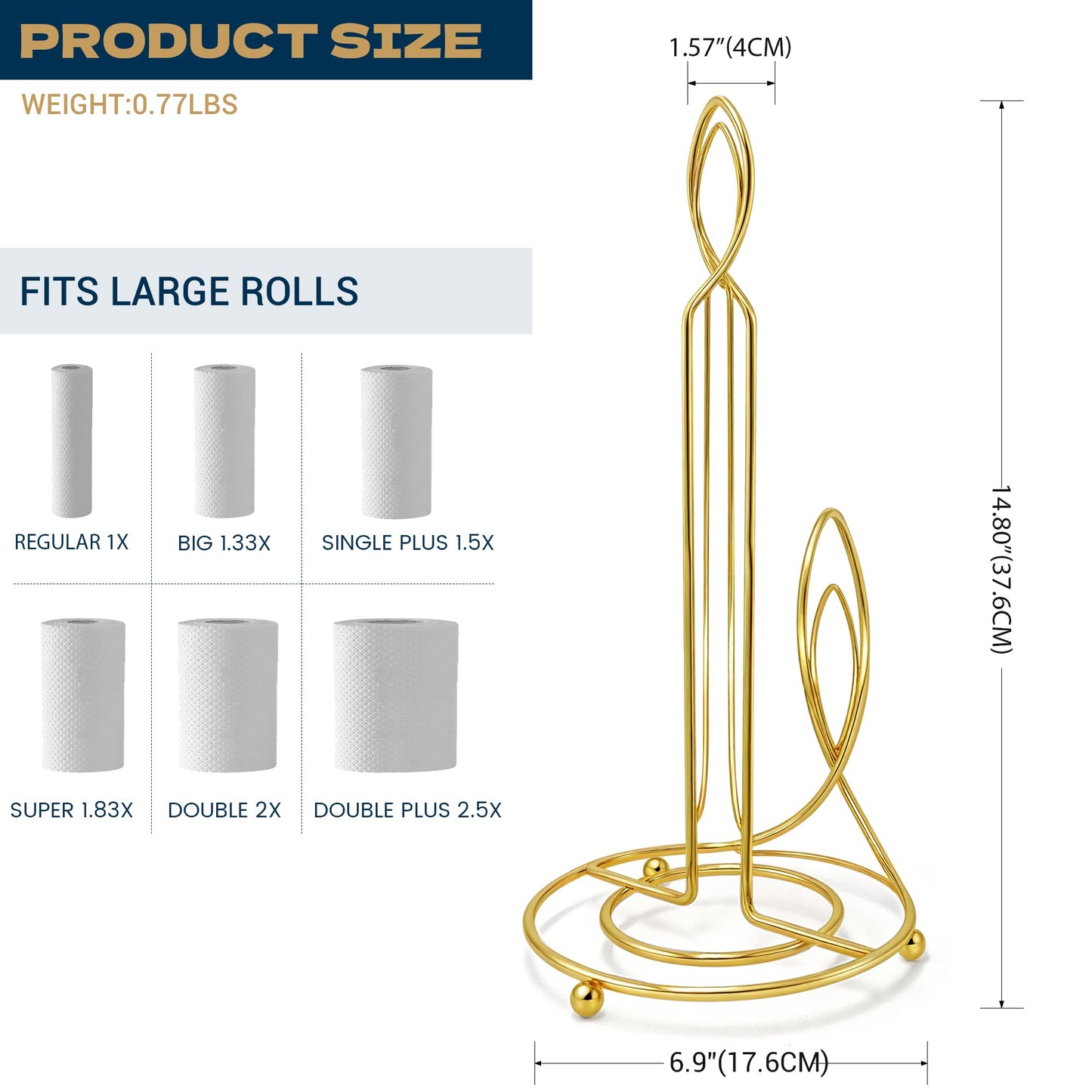 Megier Candle Shaped Paper Towel Holder, Countertop-Decorative Farmhouse Tissue Paper roll Holder, Rustic Metal Modern Stand for Kitchen Bathroom Rest Room (Brass)