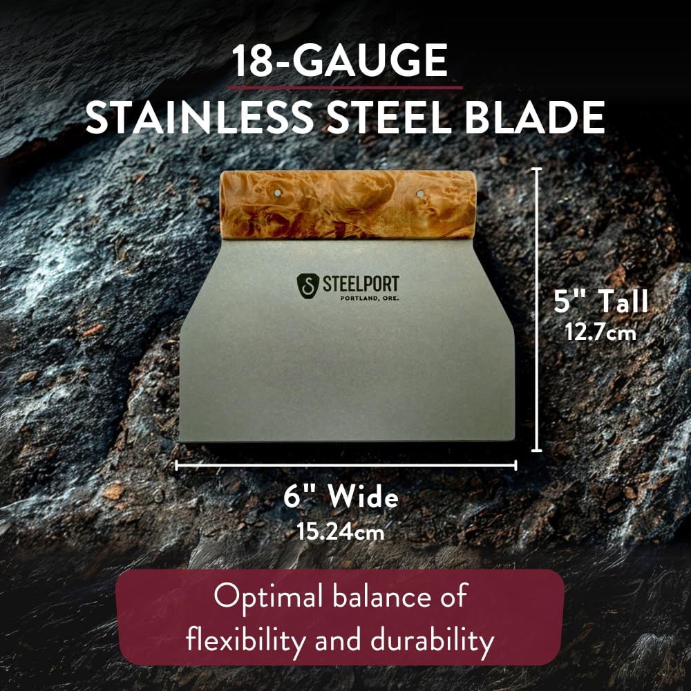 Steelport Bench Scraper | USA Made Dual Edge Stainless Steel Dough Cutter | 18-Gauge Steel Blade, Tapered Maple Burl Handle | Kitchen Gadgets for Bakers, Professionals, Home Cooks | Gift for Bakers