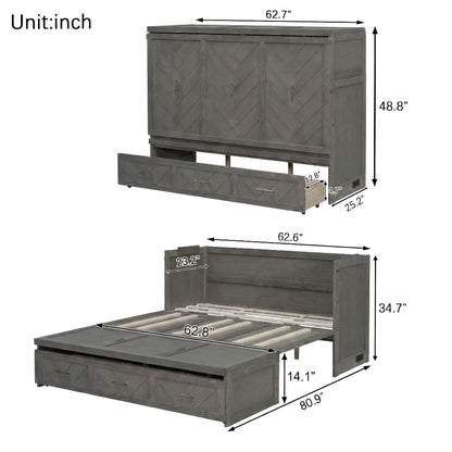 DNYN Queen Size Murphy Bed with Storage Drawer and Built-in Charging Station for Bedroom/Guest Room, Space-Saving Foldable Pine Wood Cabinet Bed with USB Ports, No Box Spring Needed