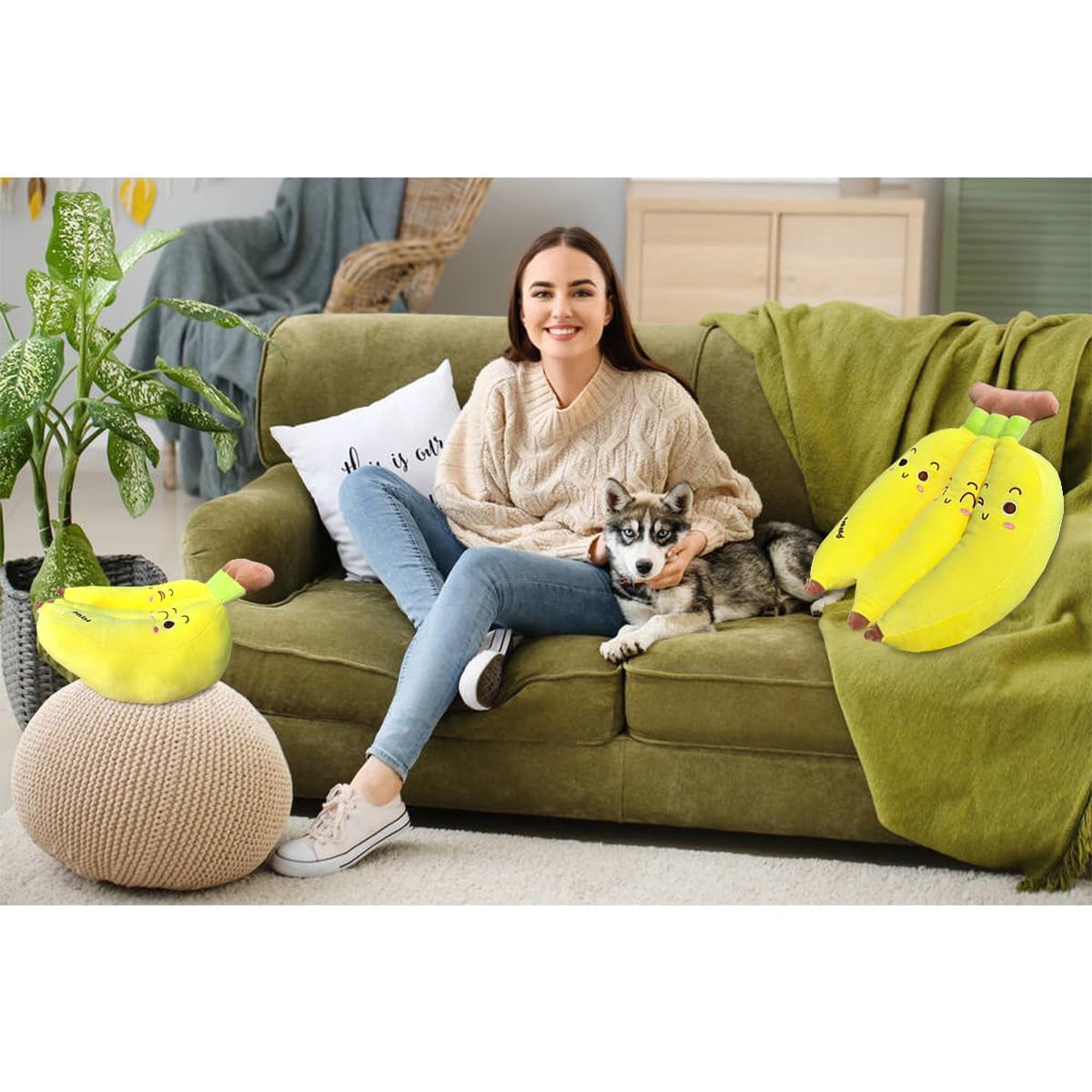 Hofun4U Banana Plush Pillow, A Bunch of Bananas Plush Stuffed Toy, Fruit Plushie Banana Hugging Pillow, Gift for Birthday, Valentine, Christmas (Yellow,17 inch)