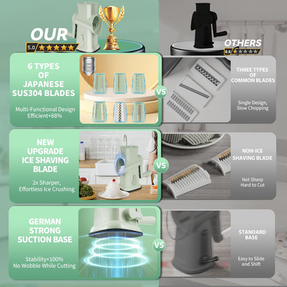 2025 Upgrade 6-In-1 Cheese Grater【 Military-Grade SUS304 Blade - 3S Fast Cut】【SGS Certification - German Nano Strong Suction Base】Cheese Grater Hand Crank Suitable for Home Use (Green 1)