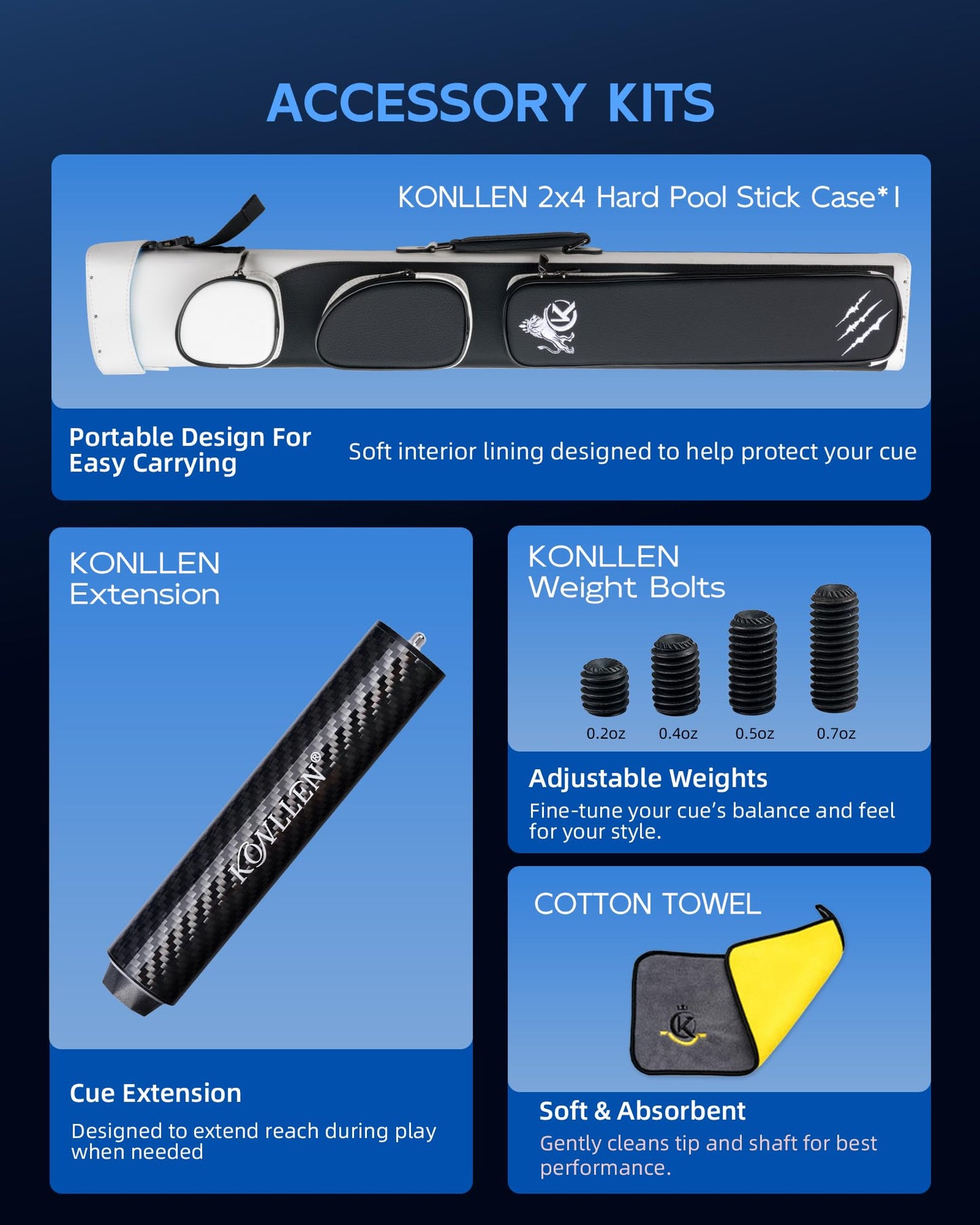 KONLLEN 2.0 Pool Cue Complete Set with Case & Extras | Hand-Inlaid Carbon Fiber Pool Cue with Professional Taper | Low Deflection Shaft for Adults & League Players