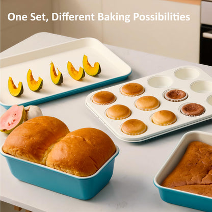 CAROTE 6-Piece Ceramic Baking Pans Set, Aluminized Steel Bakeware Sets, Toxin-Free Nonstick Stackable Oven Pans with Cookie Sheet, Muffin Pan, Loaf Pan, Round & Square Cake Pan, Cooling Rack