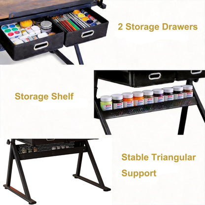 Garvee Height Adjustable Drafting Table, 0-75°Tilting Drawing Desk Artist Table w/Stool, Multifunctional Art Craft Workstation with 2 Storage Drawers for Home Office Reading, Writing, Crafting