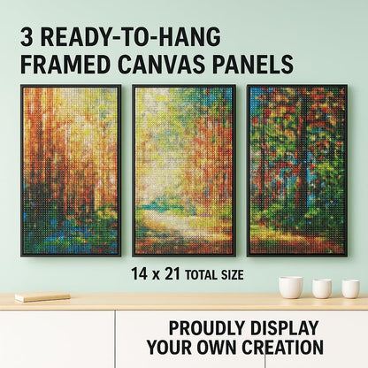 ArtSkills Diamond Painting Kit, Diamond Art on Framed Canvas with Gem Storage Case and Accessory Kit, Forest, 3 Stretched Canvas Panels, 14” x 7” Each