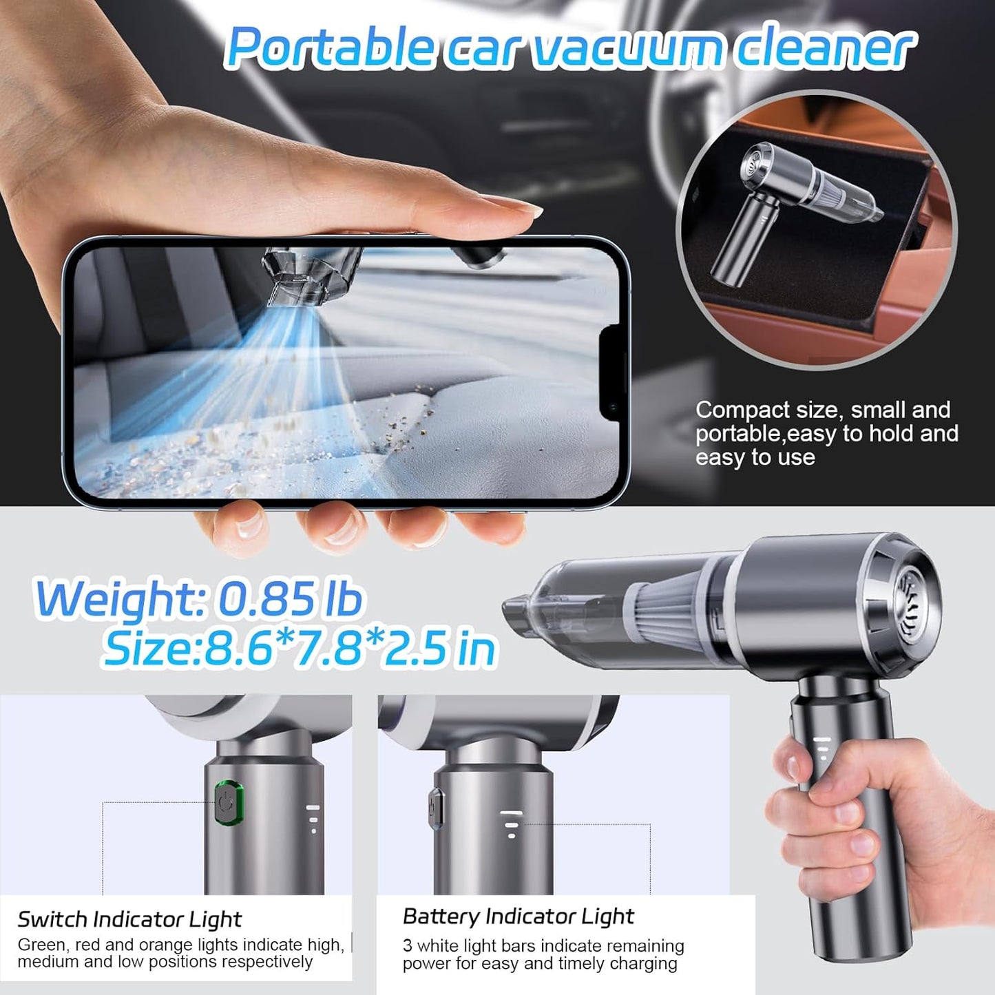 Portable Cordless Handheld Car Vacuum, 15000PA, 3 Speed Adjustable 4 in 1 with Brushless Motor and Multiple Nozzles