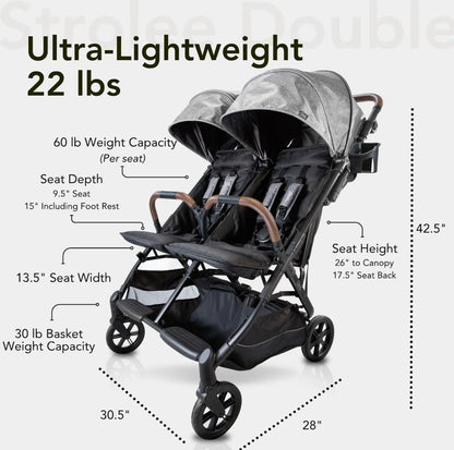 Strolee Lightweight Double Side by Side Stroller - 22 Lbs, 9.5" Compact Fold, Twin Nap Ready Seating, No Rethread Harness, Magnetic Buckle & Ultra Plush Seat 60Lb Max Per Seat- (v2 Shadow)