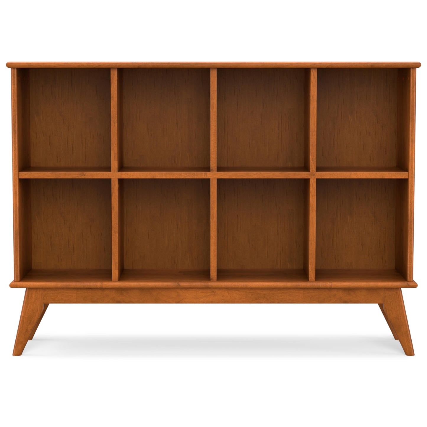 SIMPLIHOME Draper Console Table - 57 Inch Wide Solid Hardwood 8-Cube Sofa Table in Teak Brown, Mid-Century Modern Bookcase for Entryway or Living Room with 8 Open Storage Cubbies and Tapered Legs