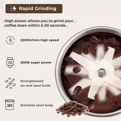 Moongiantgo Coffee Grinder Electric, 250W Mini Spice Grain Mill, 200ml Capacity for Spices, Seeds, Rice, Beans