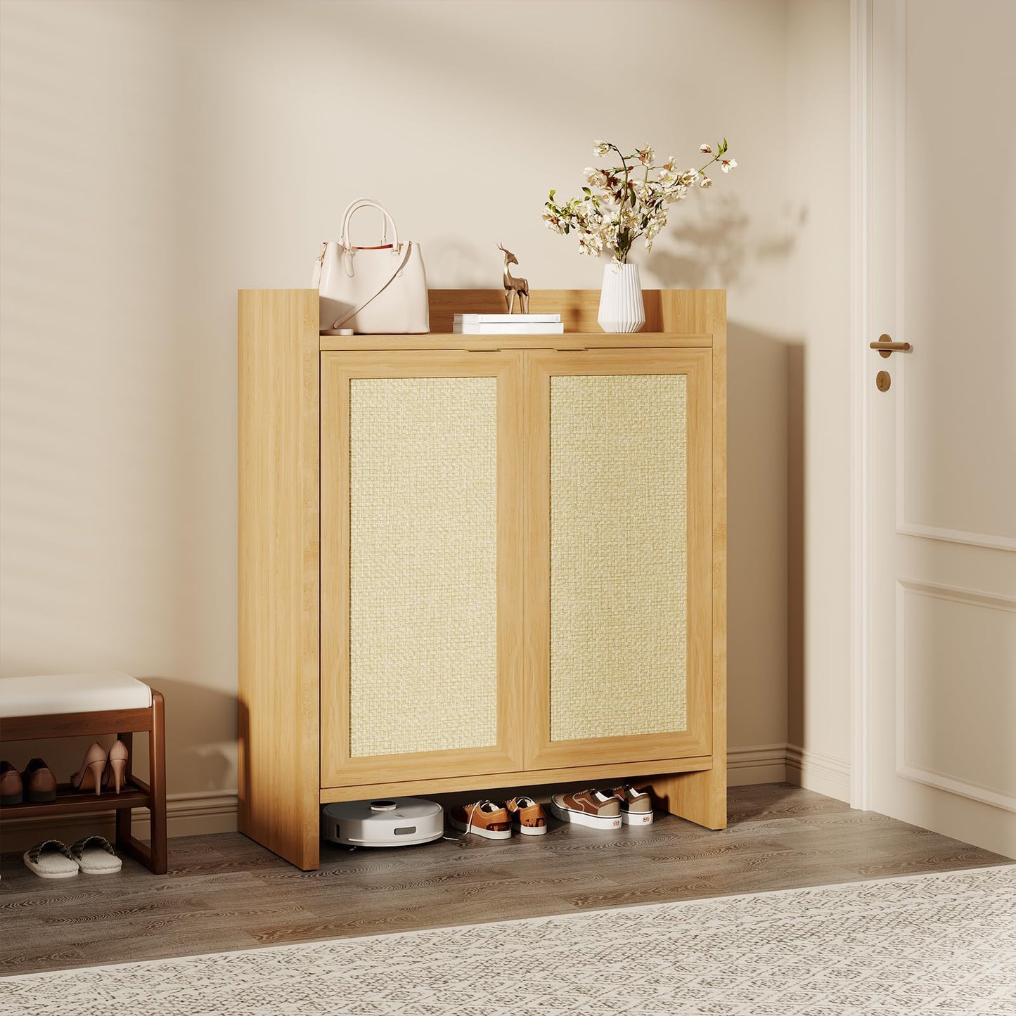 MERXENG Rattan Shoe Cabinet for Entryway, Wooden Shoe Storage Cabinet with Adjustable Shelves, Freestanding Shoe Rack with Guardrail Top for Hallway & Living Room, Dark Oak