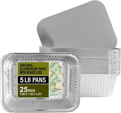 PARTY BARGAINS 5 Lb. Aluminum Foil Pans with Lids - 25 Count Set, 9 x 7 Inches Oblong Pan Food Container for Hot and