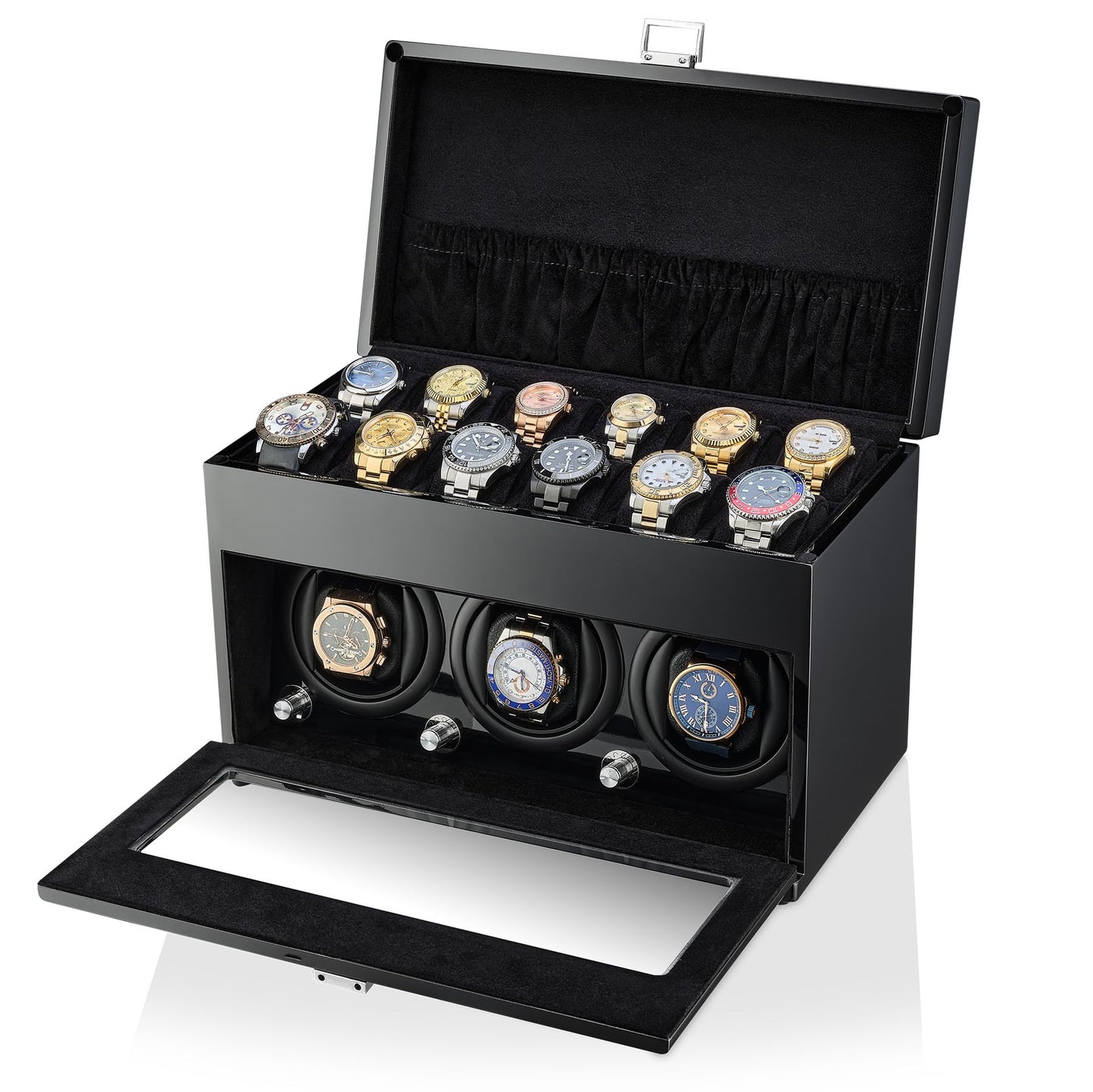 Watch Winder and Storage Box for Winding 3 Automatic Watches and 12 Watch Storage Space (Black+ Black)