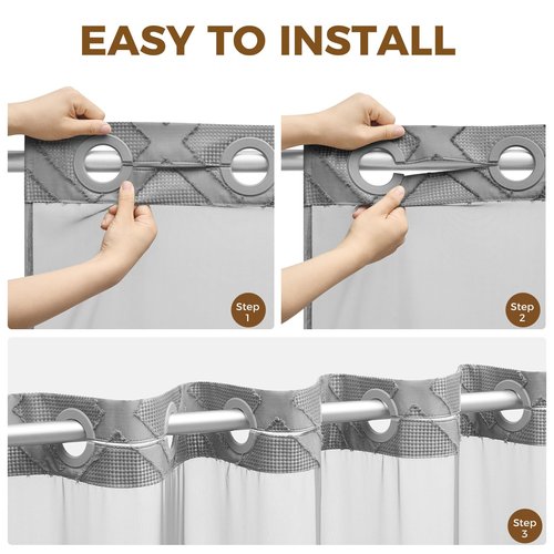 downluxe No Hook Shower Curtain with Snap in Liner,Grey Waffle Fabric Shower Curtain Set for Bathroom,Hotel Style Double-Layer Waterproofing Curtains 71W x 74L