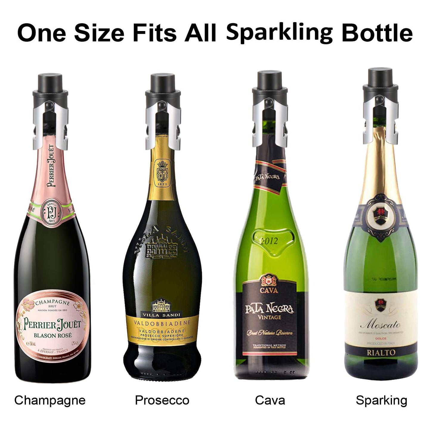 HYZ 2-Pack Champagne Stoppers Wine Saver, Sparkling Wine Vaccum Stoppers with Built-in Pump for Champagne, Prosecco and Cava - Stainless Steel + ABS Champagne Bottle Stoppers, Black